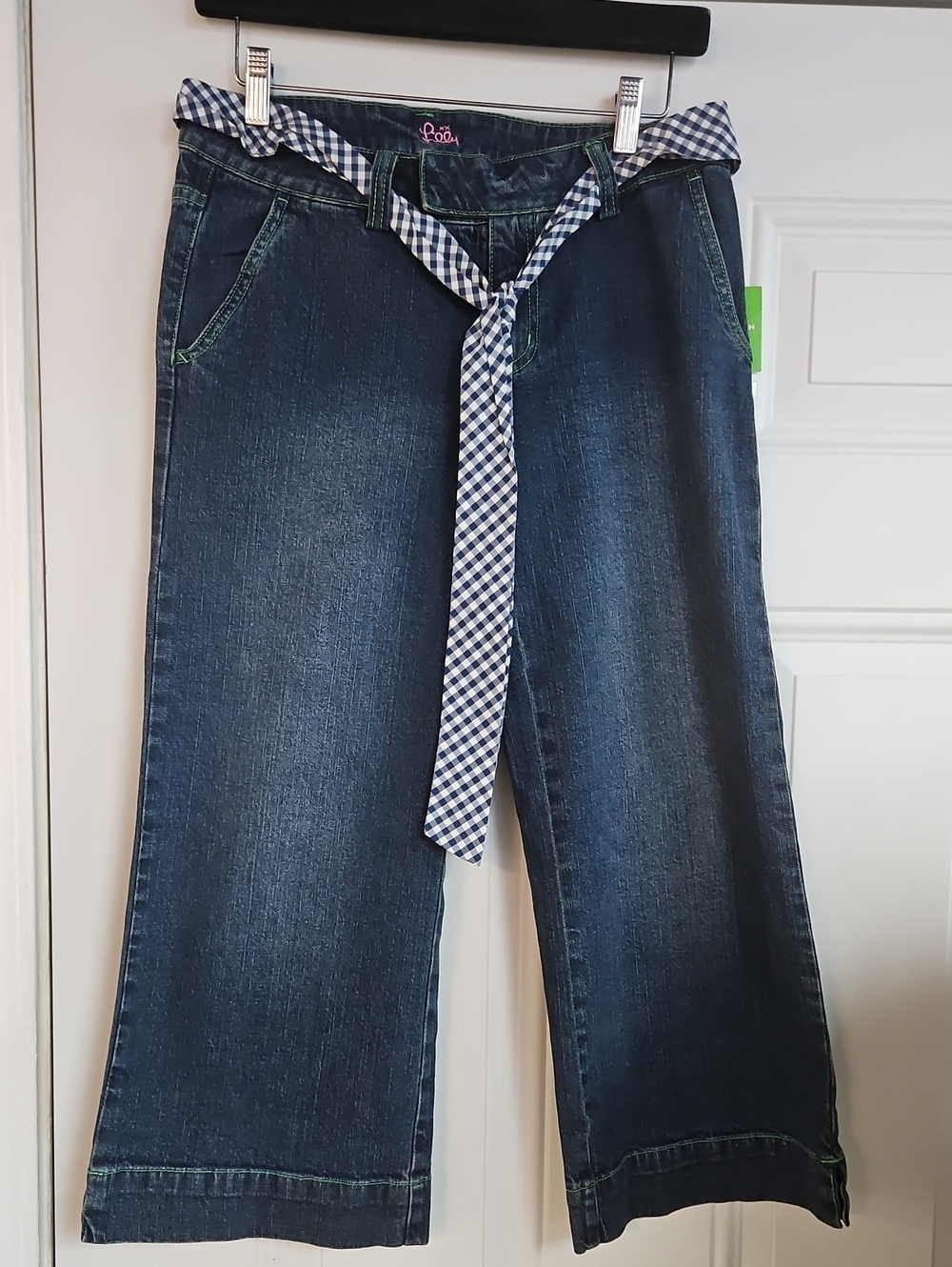 Lilly Pulitzer Dark Blue Wide-Leg Jeans with Blue Gingham Tie Sz 2